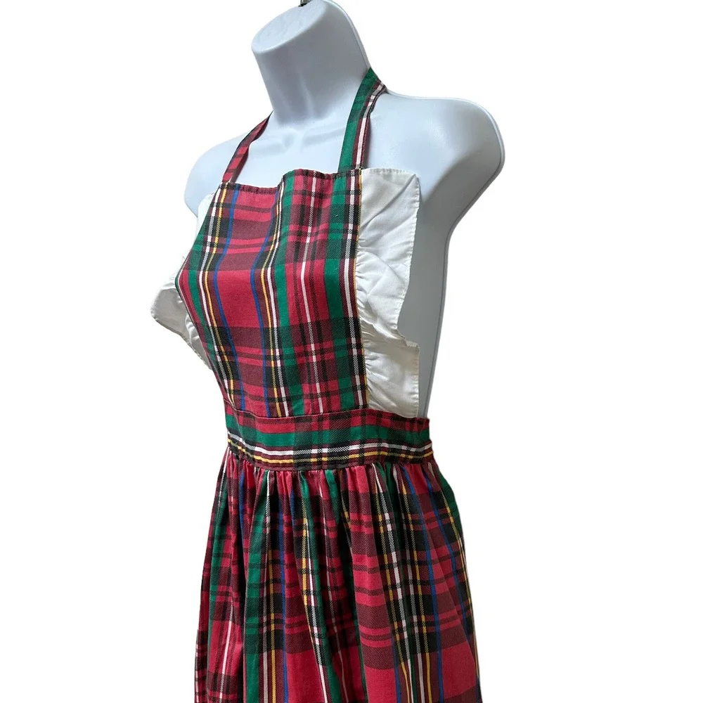 Vintage Red Plaid Ruffle Open Tie Back Apron Pinafore Cottagecore Christmas